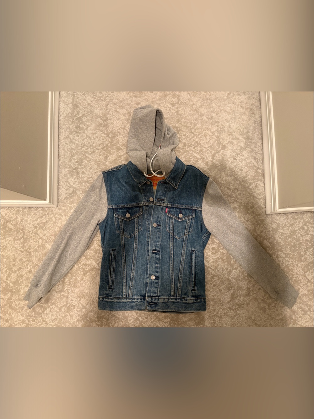 Levi's Blue Denim Jacket with Gray Hoodie Sleeves